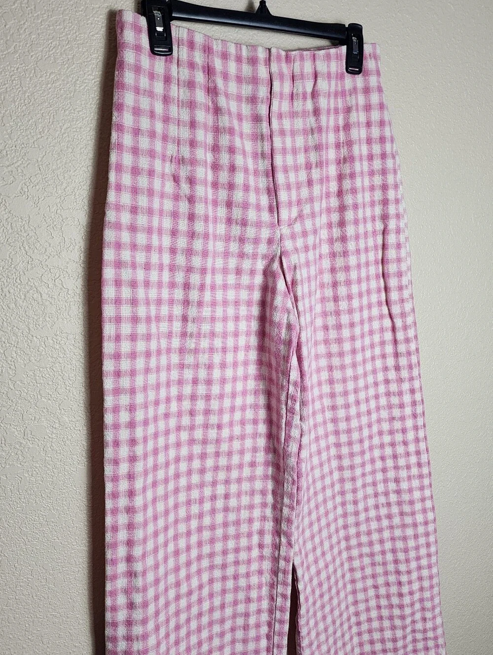 Zara Pink White Gingham Wide Leg Linen Blend Pants Women's Large